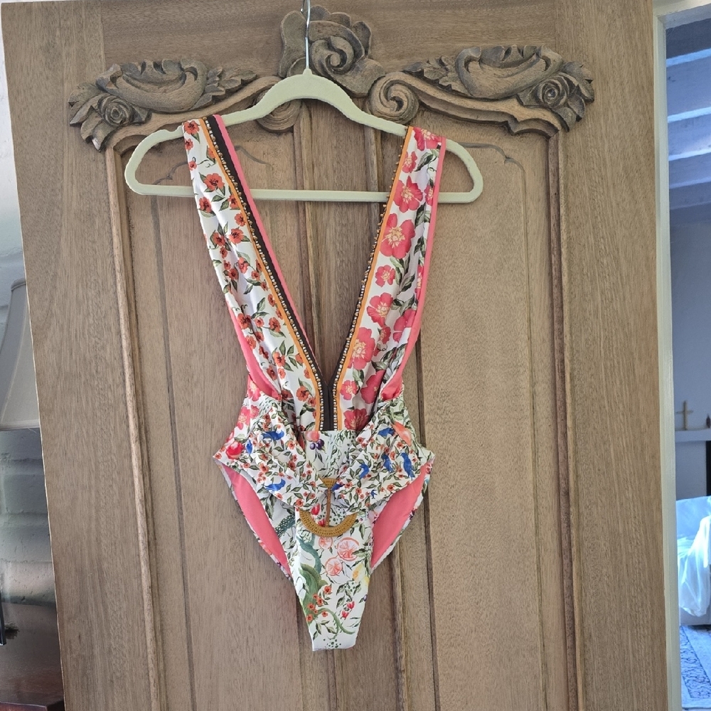 Agua Bendita Floral One Piece Swimsuit - New With Tags. Pink and White